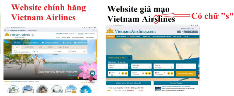 Giao diện website chính hãng Vietnam Airlines và website giả mạo